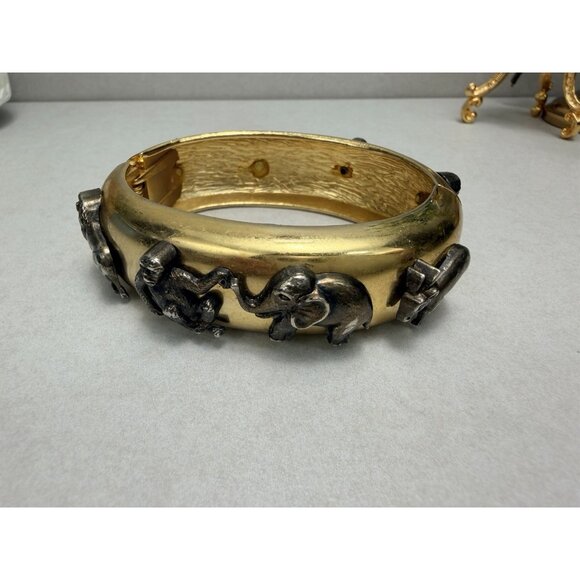 Vintage Gold & Silver Tone Animal Safari Statement Bracelet Monkey Elephant Rare - Picture 5 of 10